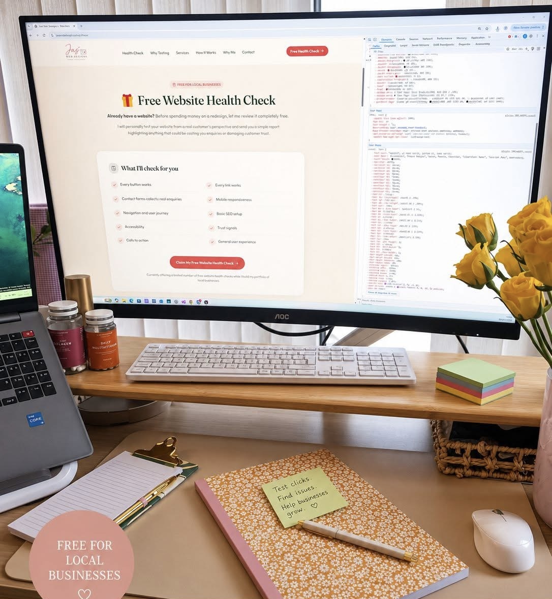 Jas' desk: a monitor showing a website design in progress alongside a notebook, coffee and flowers